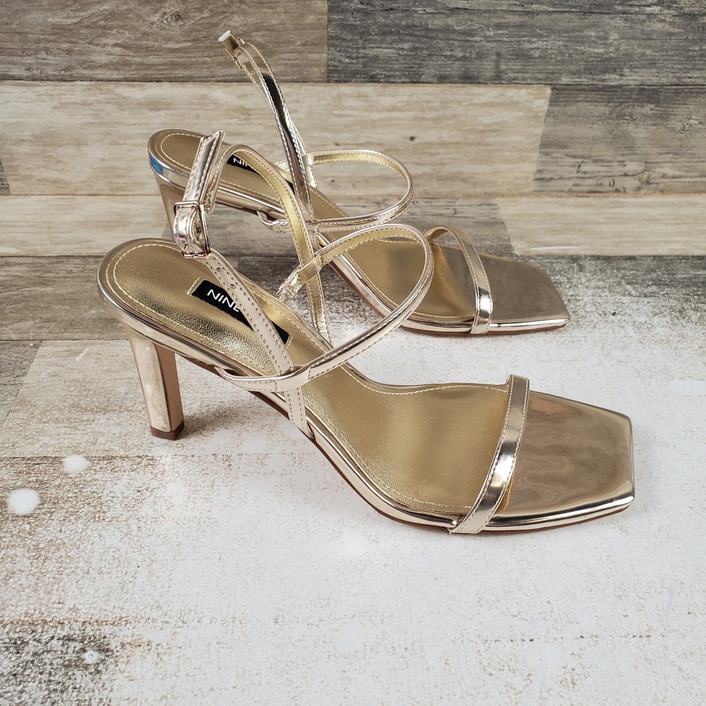 Nine West Olah Womens Heeled Dress Sandal Sz 8 M Gold Mirror Metallic Square Toe